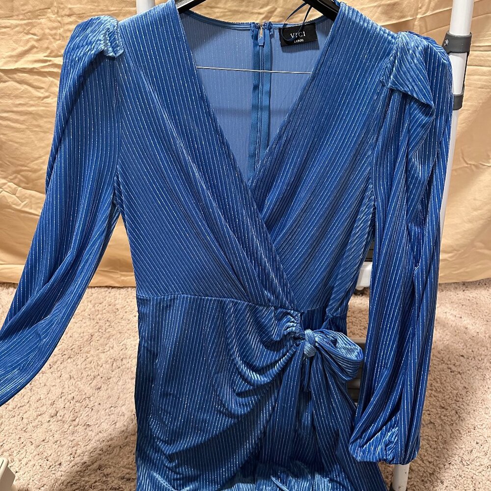 Blue with silver sparkled lines mini Dress with long loose sleeves, wraps front